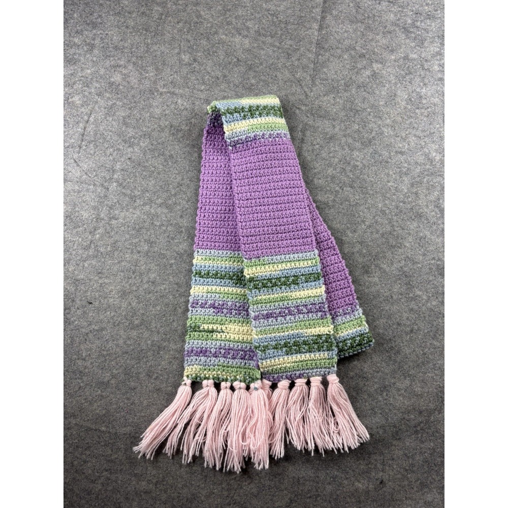 Hand Knitted Crochet Stripe Colorful Scarf Winter Warm Fringe Artsy Hippie 86x5"